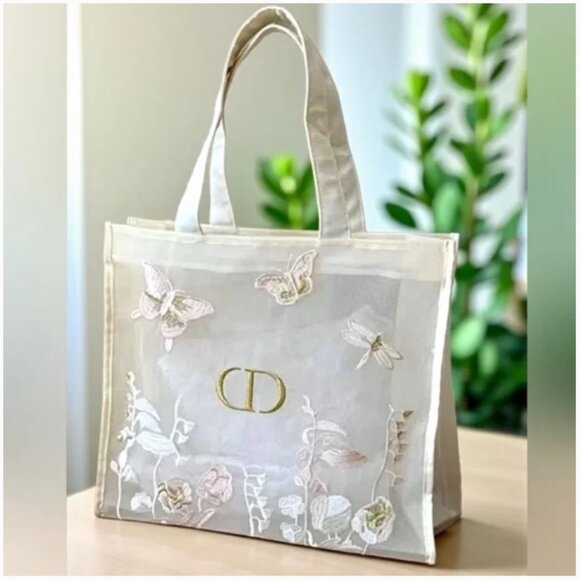 Dior Beige Large Mesh Tote & Makeup Bag Set - butterfly Floral Embroidered - Picture 2 of 6